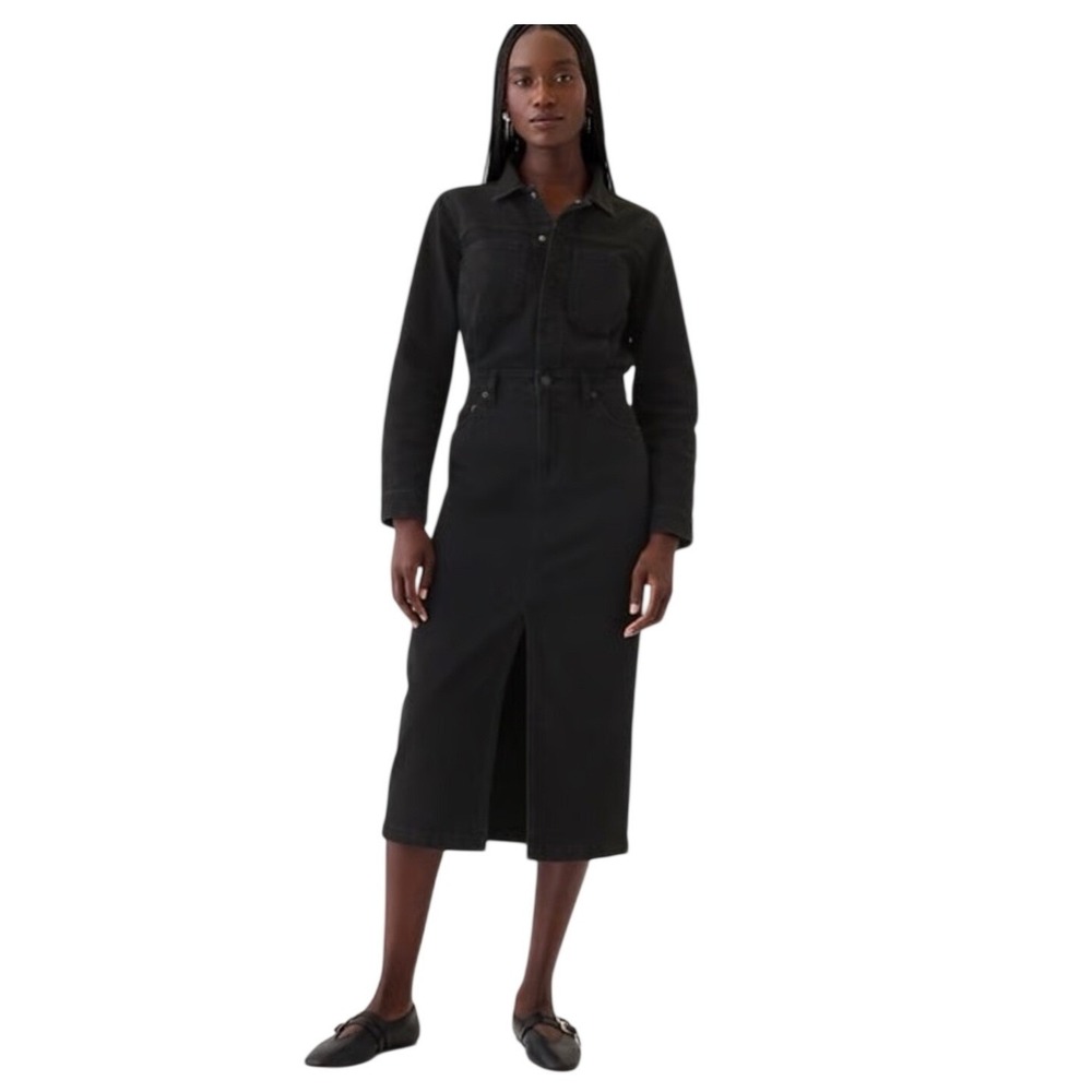 GAP Womens Black Denim Midi Utility Dress Long Sleeve Button Front NWT Sz Medium